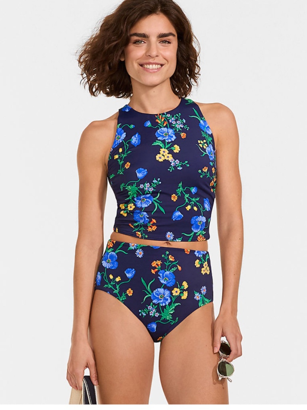 Women's Tugless Portrait Back Swimsuit Set in Navy/Tossed Poppy Floral